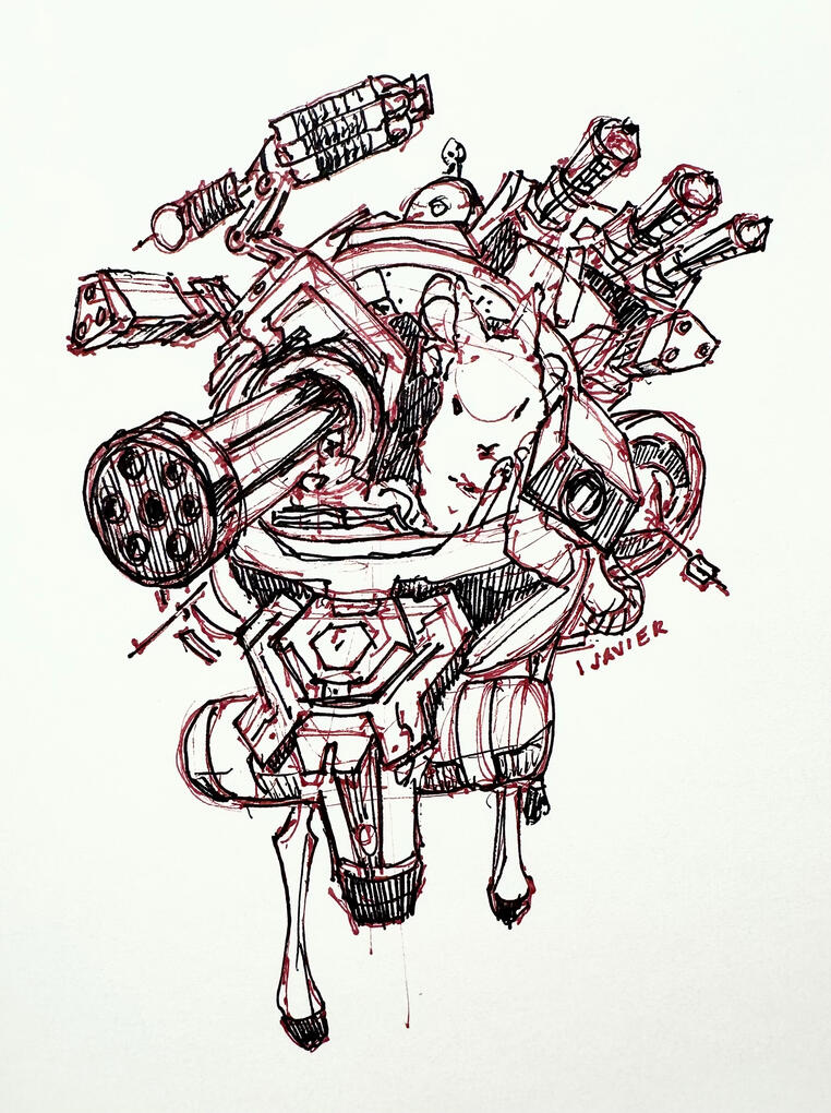 An ink sketch of a rabbit in a robot mecha suit. There are several weapons under the rabbits control.