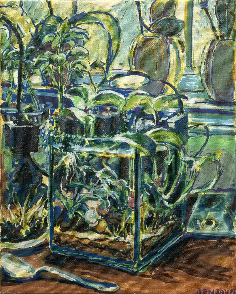 Painting of a small aquarium tank that has a light shining on plants growing out of the top of the tank. There is another tank to the left, and plants on the windowsill in the background.