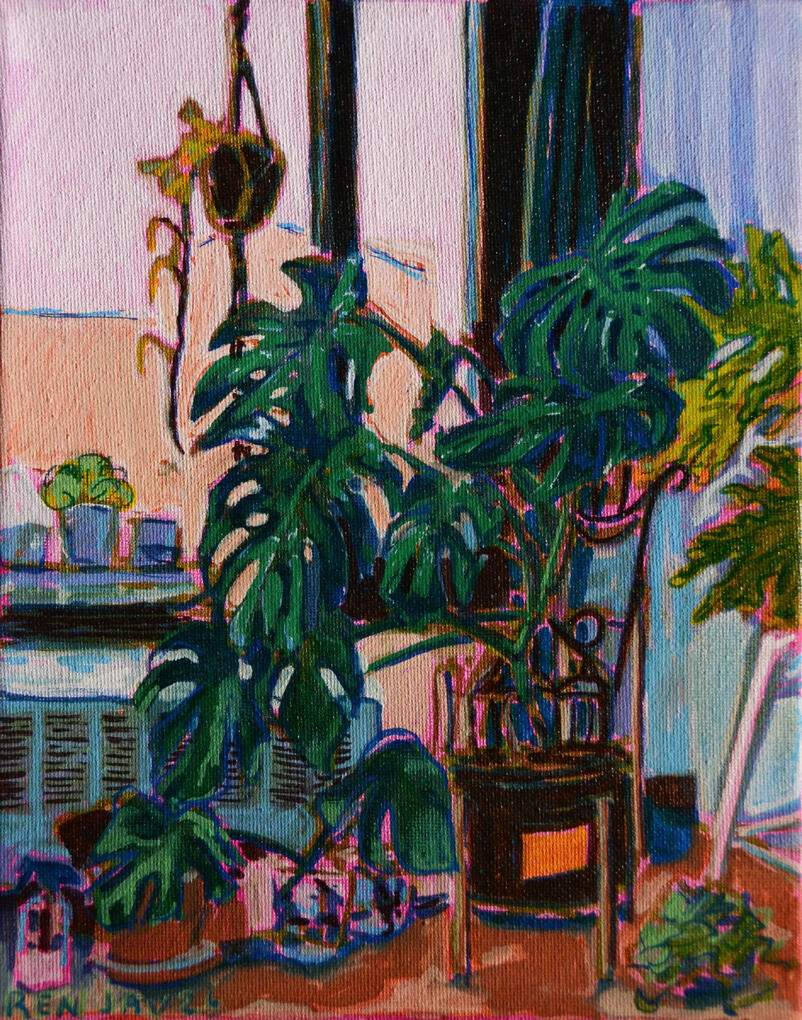 Painting of a corner of an apartment with several plants. There is a large monstera plant that is at the center of the painting, as well as a couple plants on the air conditioner, a plant hanging from the top of the window, and some planters sitting on the