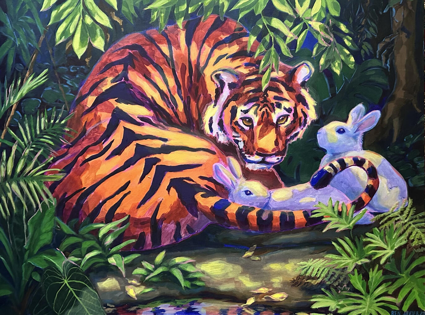 Painting of a Tiger protecting her two white rabbits in the jungle. One of the rabbits is laying comfortably at the side of the tiger, and the other is looking up at the tiger.