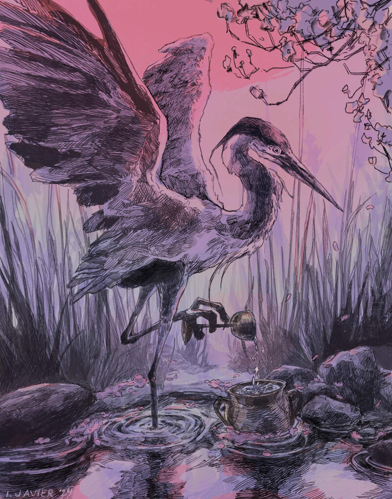 Digital illlustration of a heron pouring water into a large bin with a wine glass with one leg. The heron is balanced on the other leg in a calm and foggy bay covered with long grass and rocks. There is a tree peaking in view with pink leaves at the top ri